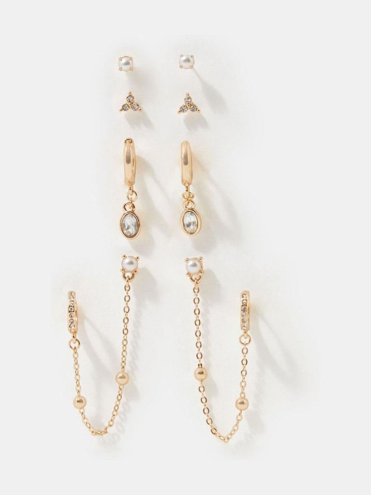 Accessorize Gold Stone Stud & Chain Hoop Earrings 4 Pack - Image 1 of 2