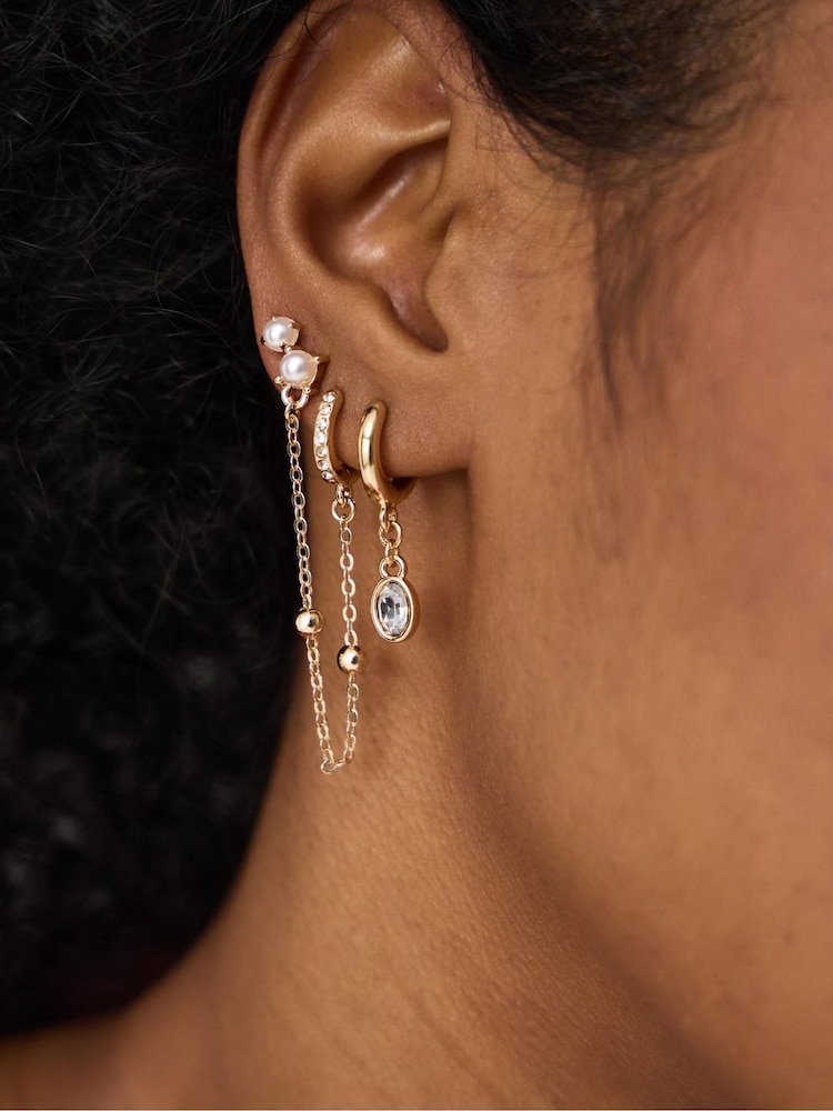 Accessorize Gold Stone Stud & Chain Hoop Earrings 4 Pack - Image 2 of 2