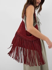 Accessorize Red Fringe Suede Shoulder Bag - Image 1 of 3