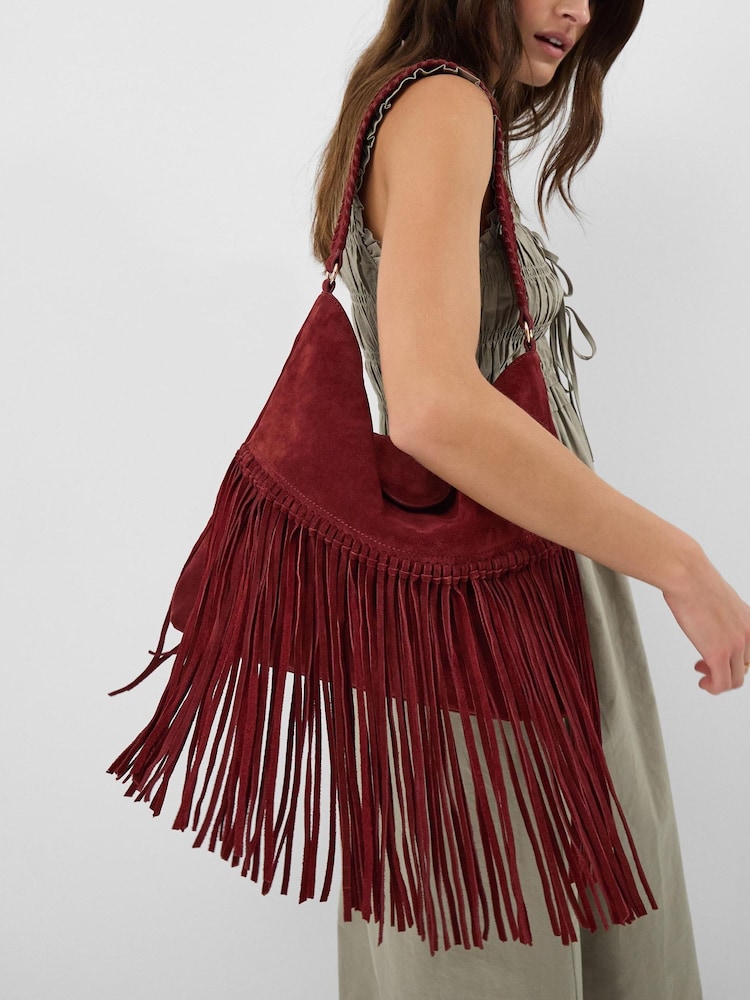 Accessorize Red Fringe Suede Shoulder Bag - Image 1 of 3