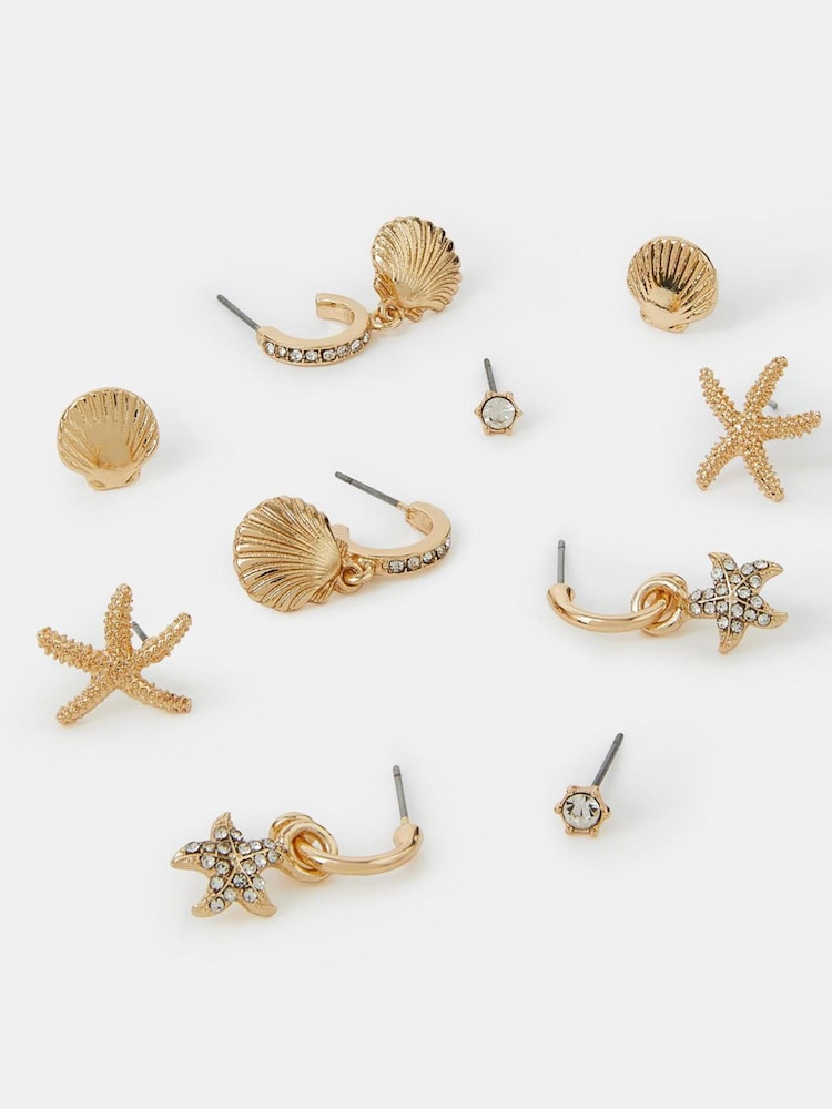 Accessorize Gold Tone Beach Seashell and Hoop Earrings 5 Pack - Image 1 of 3