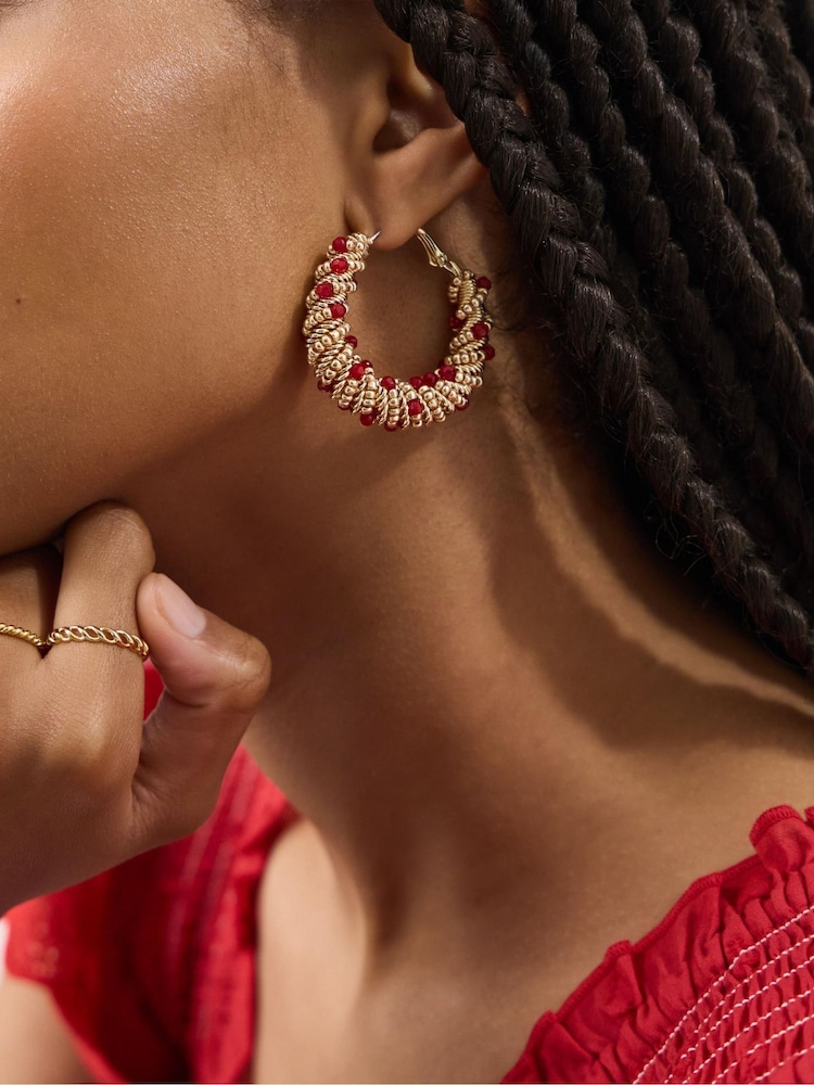 Accessorize Red Statement Beaded Hoop Earrings - Image 2 of 2