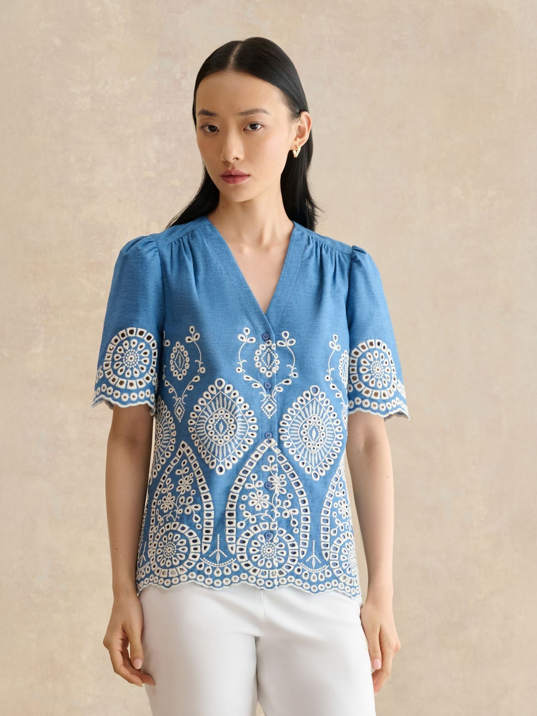 Buy Hobbs Blue Sloane Contrast Broderie Stitching Short Sleeve