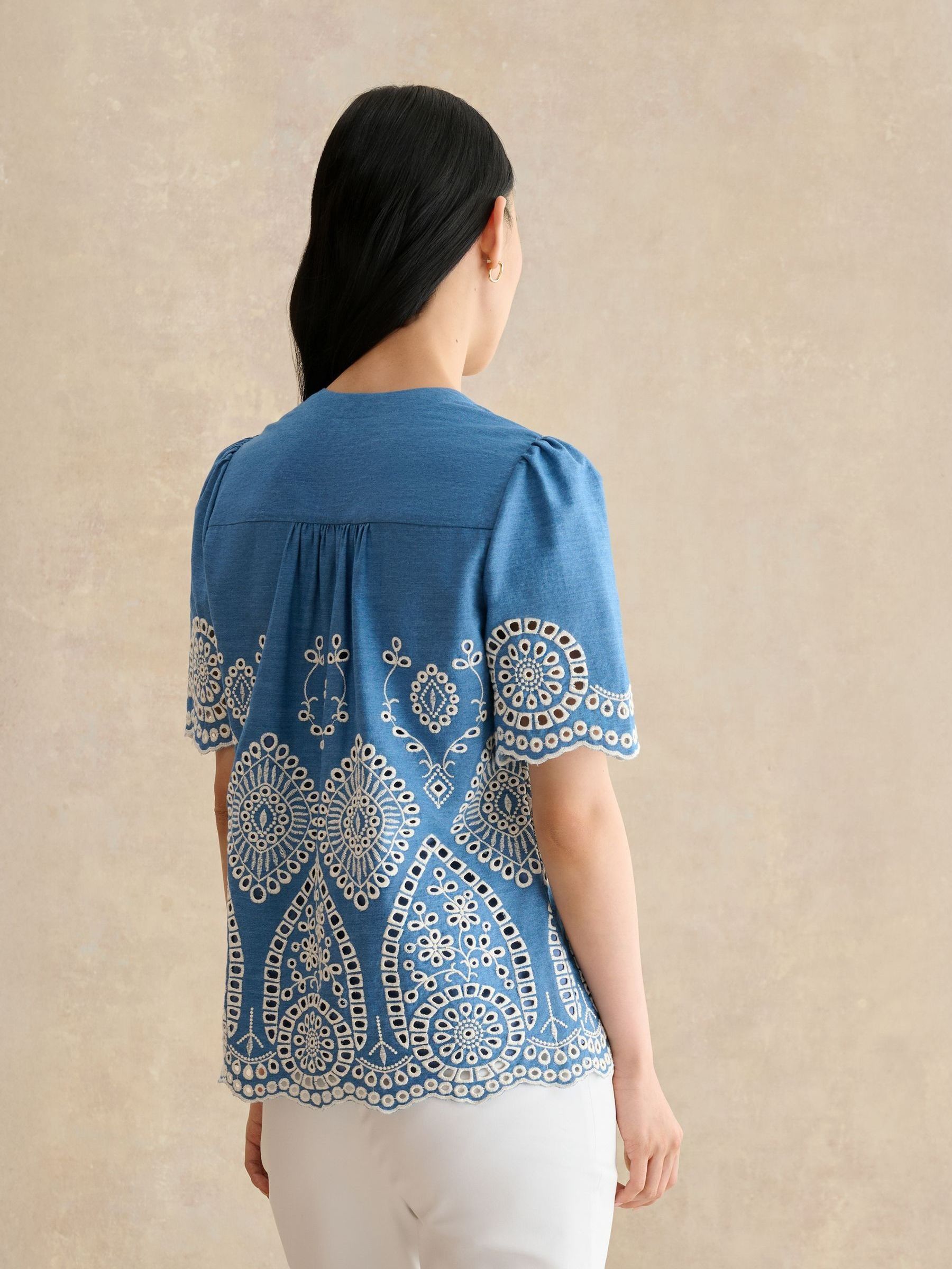 Buy Hobbs Blue Contrast Broderie Stitching Short Sleeve Blouse