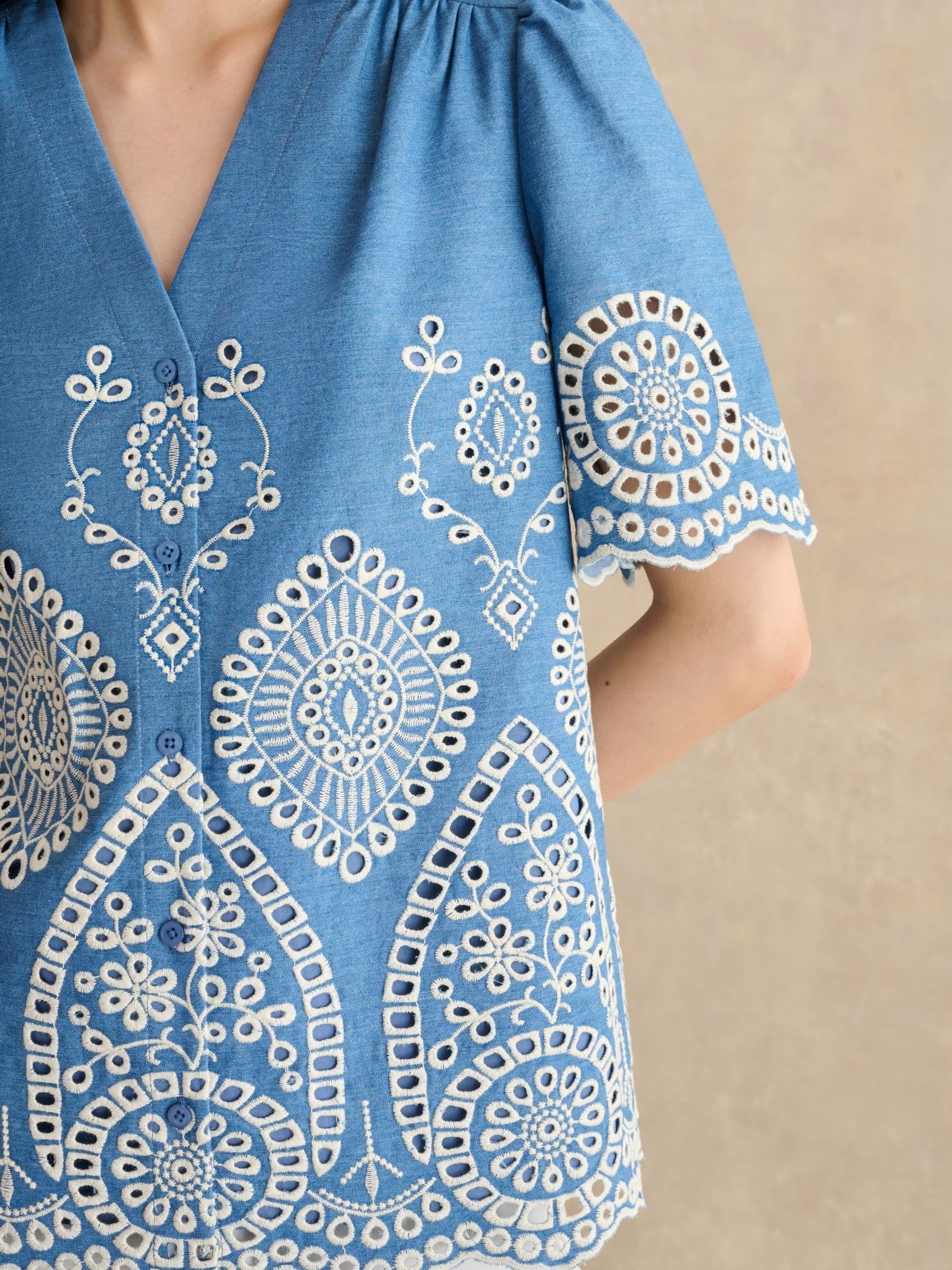 Buy Hobbs Blue Sloane Contrast Broderie Stitching Short Sleeve