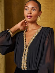 Love & Roses Black Embellished Trim V-Neck Jumpsuit - Image 2 of 5