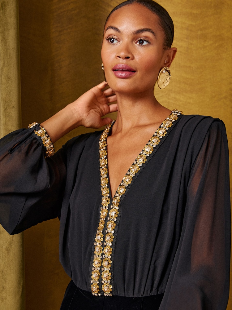 Love & Roses Black Embellished Trim V-Neck Jumpsuit - Image 2 of 5 Love & Roses Black Embellished Trim V-Neck Jumpsuit - Image 2 of 5
