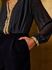 Love & Roses Black Embellished Trim V-Neck Jumpsuit - Image 4 of 5
