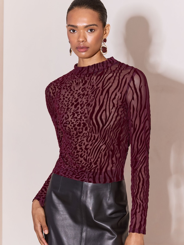 Blommelilla - Lipsy Animal Mesh Høj hals Jersey Top - Billede 1 af 5