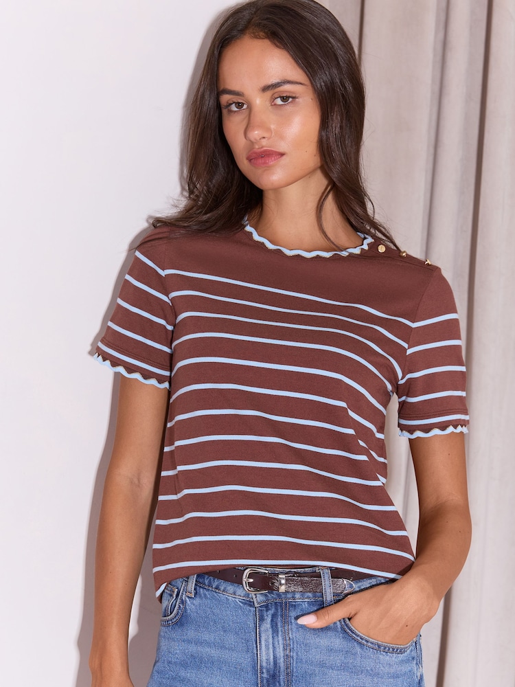 Lipsy Chocolate Brown Stripe Scallop Detail T-Shirt - Image 1 of 5 Lipsy Chocolate Brown Stripe Scallop Detail T-Shirt - Image 1 of 5