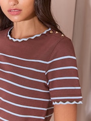 Lipsy Chocolate Brown Stripe Scallop Detail T-Shirt - Image 2 of 5