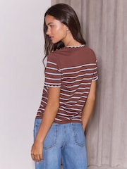 Lipsy Chocolate Brown Stripe Scallop Detail T-Shirt - Image 5 of 5