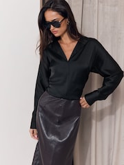 Lipsy Black Satin Open Collar V-Neck Batwing Blouse - Image 2 of 5