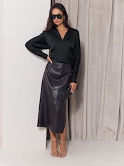 Lipsy Black Satin Open Collar V-Neck Batwing Blouse - Image 3 of 5