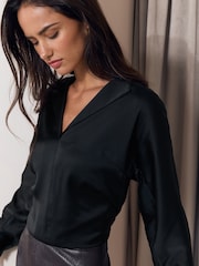 Lipsy Black Satin Open Collar V-Neck Batwing Blouse - Image 4 of 5
