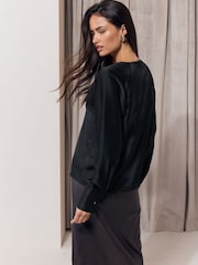 Lipsy Black Satin Open Collar V-Neck Batwing Blouse - Image 5 of 5