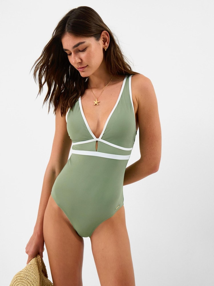 Accessorize Green UPF50+ Contrast Plunge Shaping Swimsuit - Image 1 of 4 Accessorize Green UPF50+ Contrast Plunge Shaping Swimsuit - Image 1 of 4