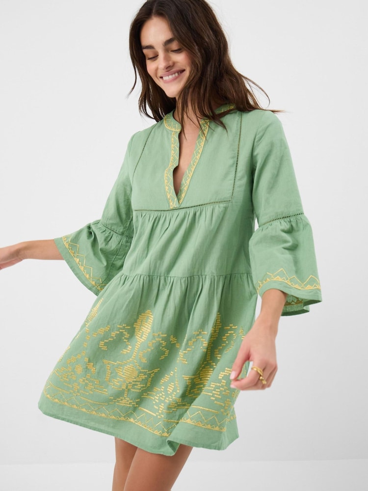 Accessorize Green Embroidered Flute Sleeve Mini Dress - Image 1 of 4