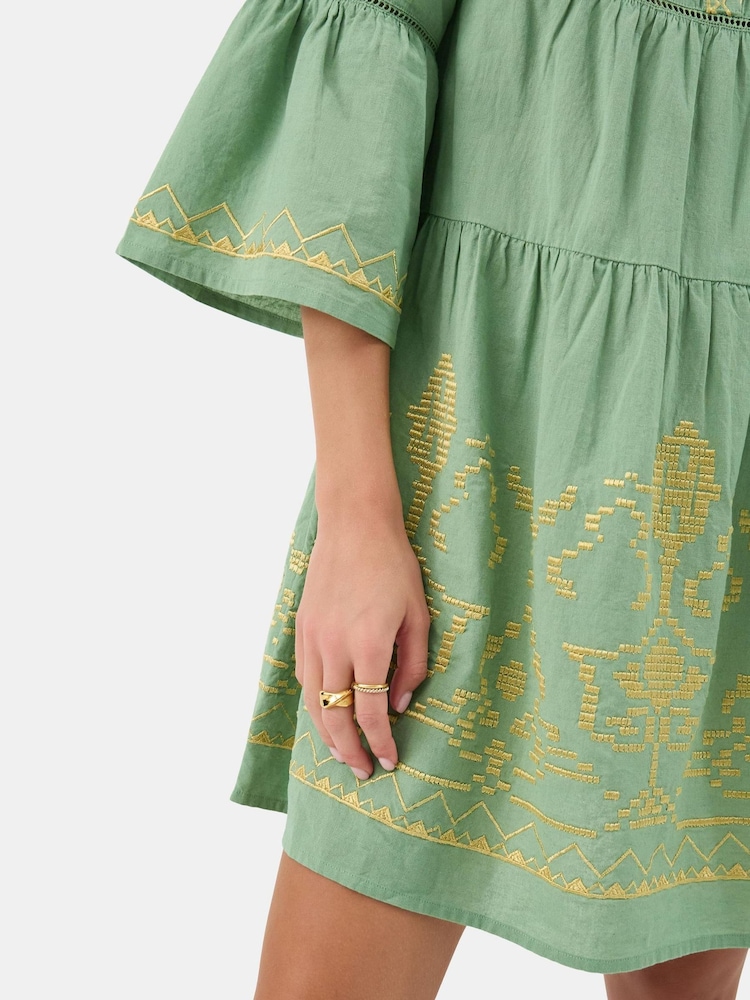 Accessorize Green Embroidered Flute Sleeve Mini Dress - Image 2 of 4