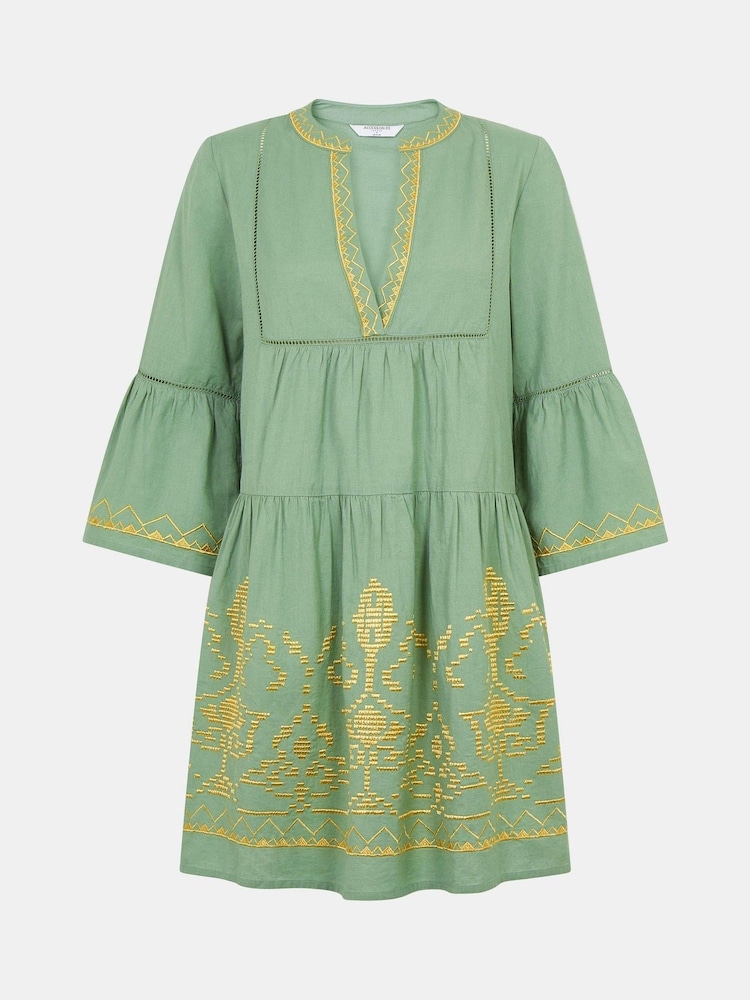 Accessorize Green Embroidered Flute Sleeve Mini Dress - Image 4 of 4