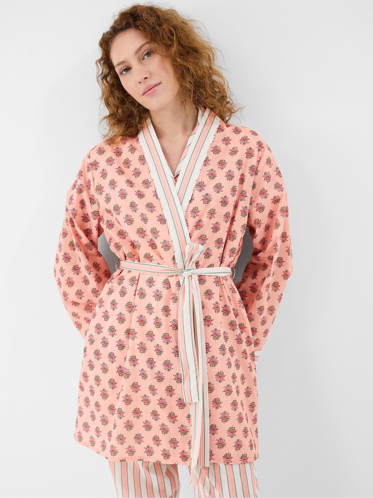 Accessorize Pink Block Print Cotton Short Dressing Gown - Image 1 of 4 Accessorize Pink Block Print Cotton Short Dressing Gown - Image 1 of 4