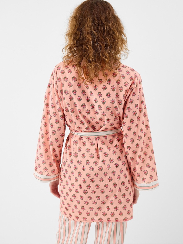 Accessorize Pink Block Print Cotton Short Dressing Gown - Image 2 of 4 Accessorize Pink Block Print Cotton Short Dressing Gown - Image 2 of 4