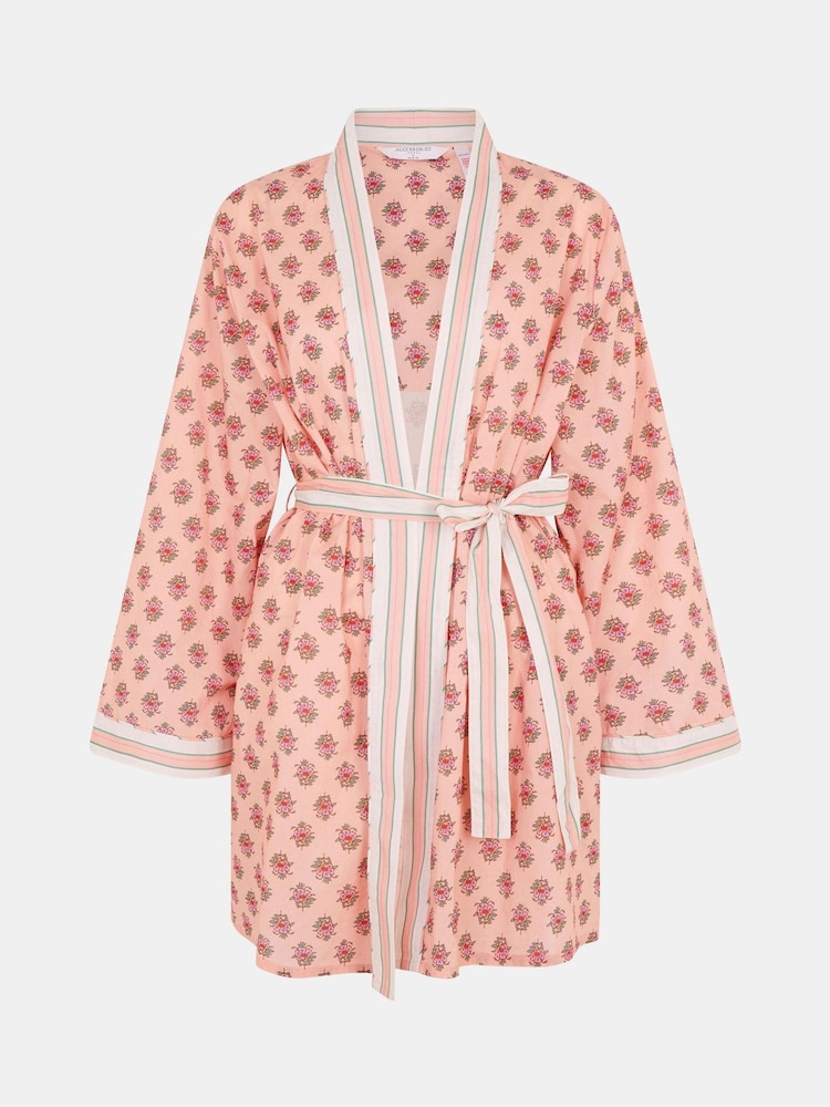 Accessorize Pink Block Print Cotton Short Dressing Gown - Image 4 of 4 Accessorize Pink Block Print Cotton Short Dressing Gown - Image 4 of 4