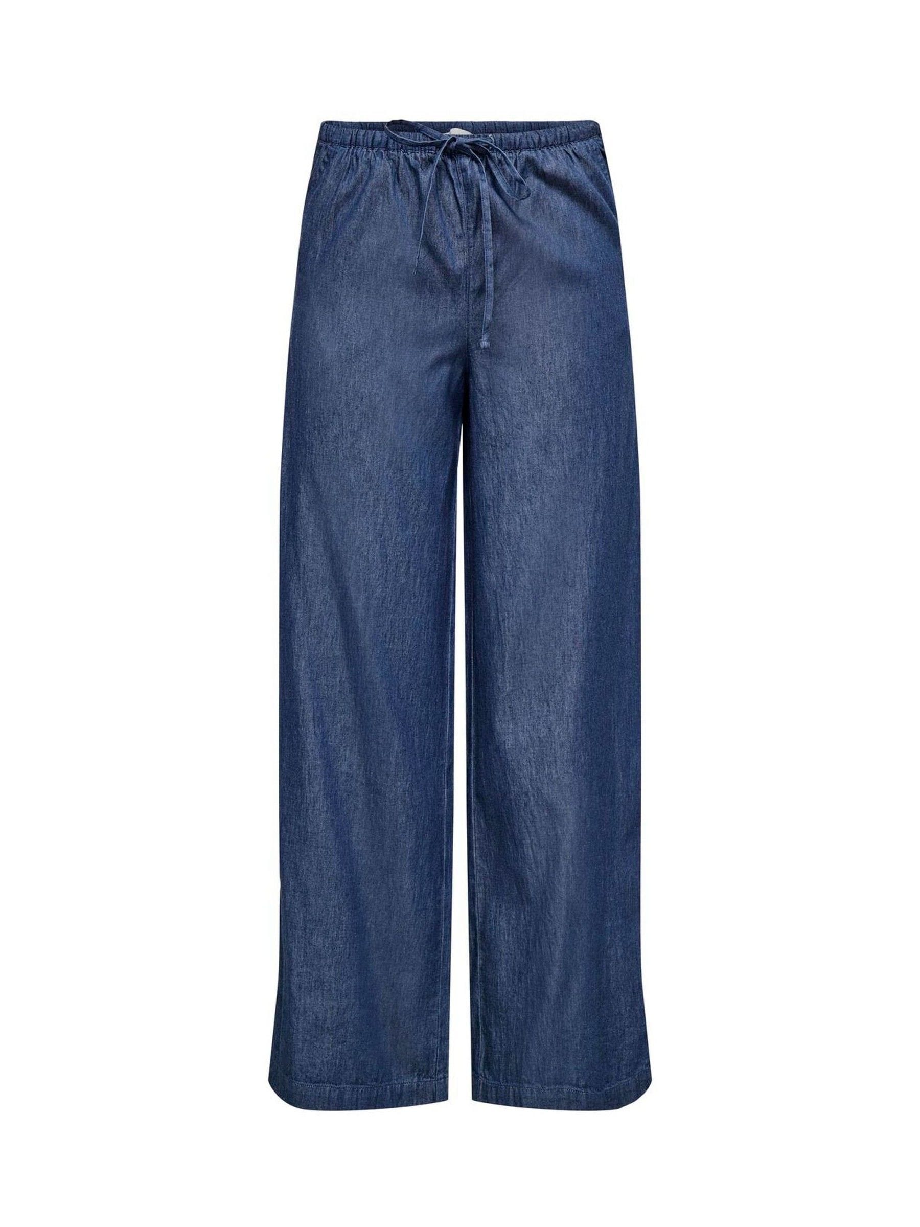 Buy JDY Blue Denim Look Wide Leg Trousers With Drawstring from the