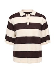 JDY Cream Short Sleeve Stripe Knitted Polo With Button Detail - Image 1 of 3