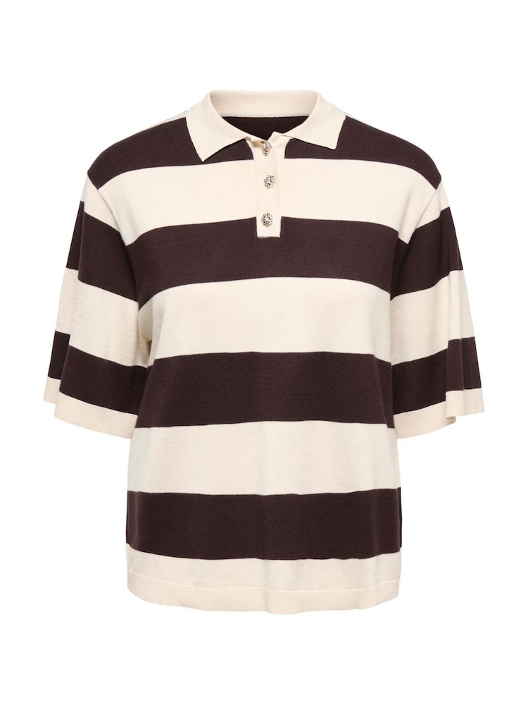 JDY Cream Short Sleeve Stripe Knitted Polo With Button Detail - Image 1 of 3