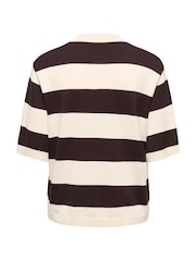 JDY Cream Short Sleeve Stripe Knitted Polo With Button Detail - Image 2 of 3