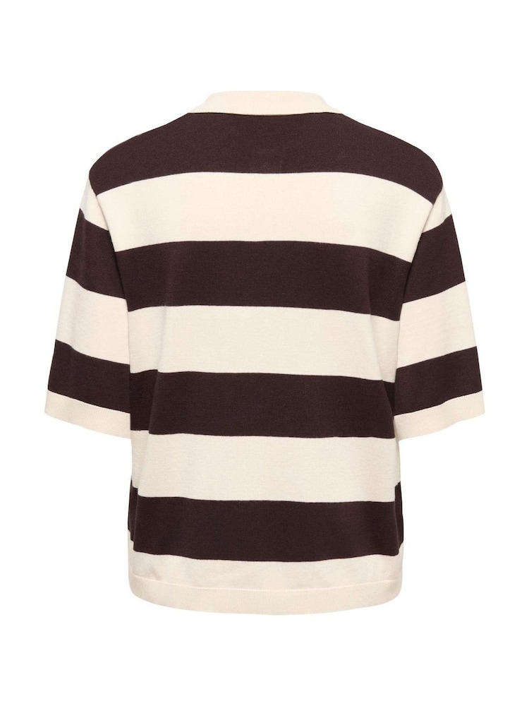 JDY Cream Short Sleeve Stripe Knitted Polo With Button Detail - Image 2 of 3
