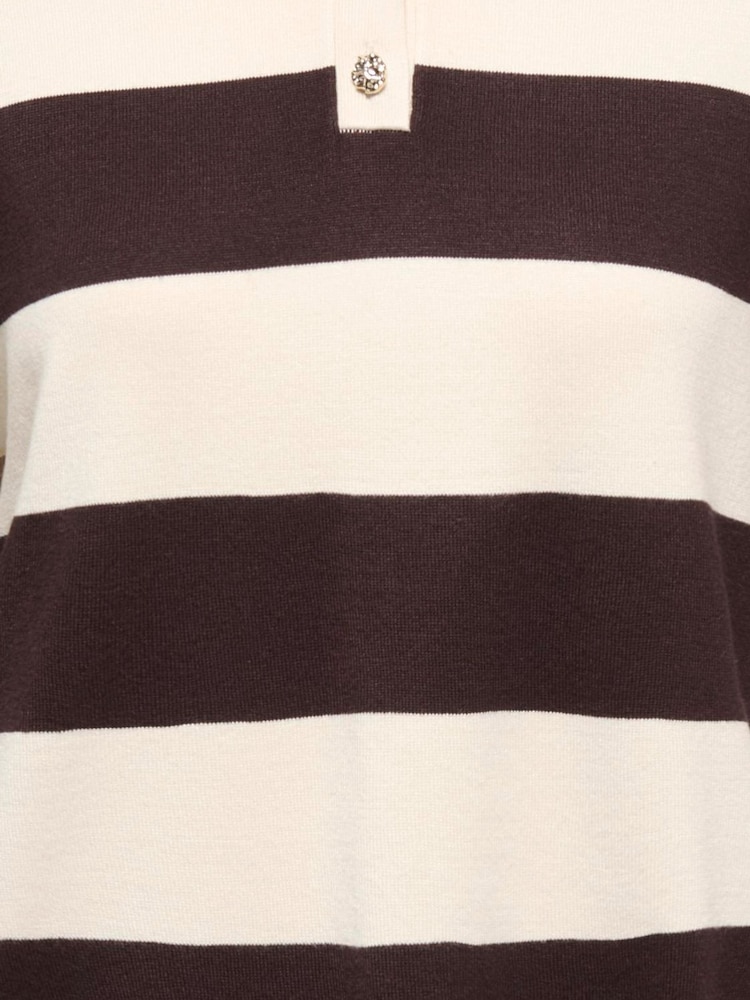 JDY Cream Short Sleeve Stripe Knitted Polo With Button Detail - Image 3 of 3
