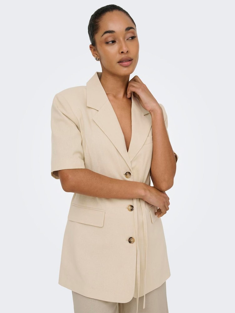 JDY Cream Linen Mix Short Sleeve Blazer With Tie Waist - Image 2 of 7