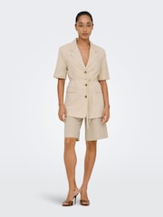 JDY Cream Linen Mix Short Sleeve Blazer With Tie Waist - Image 4 of 7