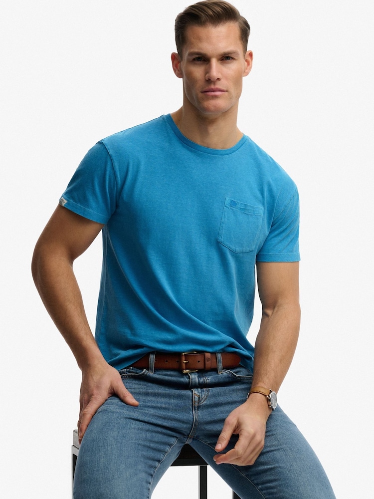 SUPERDRY Blue Classic Cotton Linen Pocket T-Shirt - Image 1 of 7