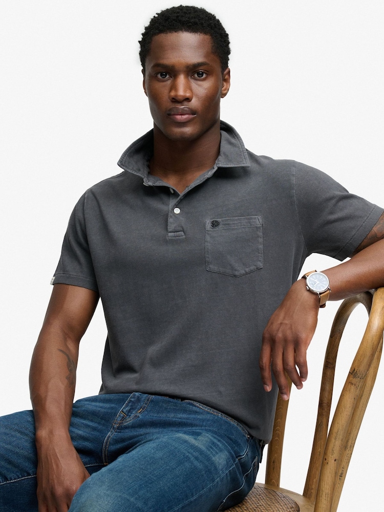 Superdry Grey Classic Cotton Linen Polo Shirt - Image 1 of 7