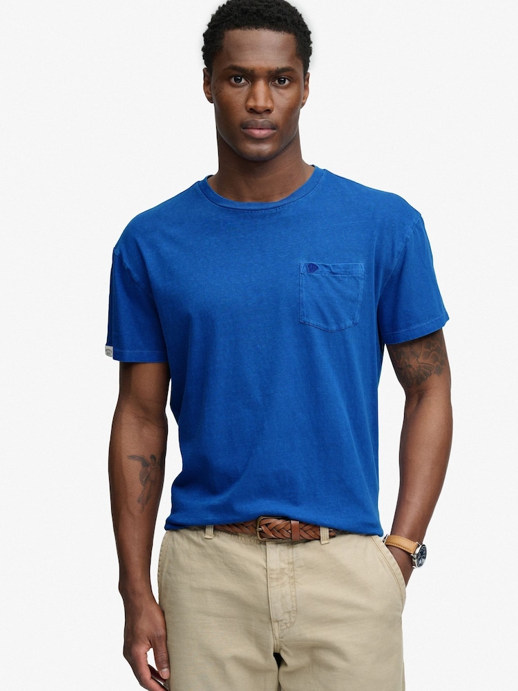 SUPERDRY Blue Classic Cotton Linen Pocket T-Shirt - Image 1 of 6