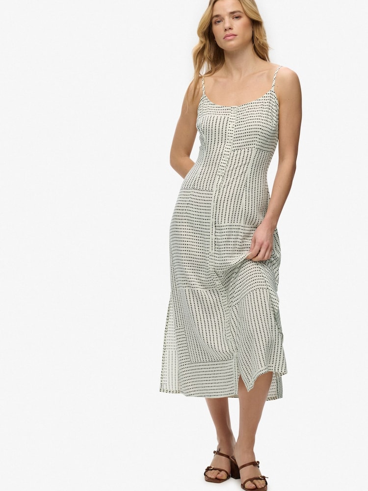 SUPERDRY White Print Button Down Cami Midi Dress - Image 1 of 8 SUPERDRY White Print Button Down Cami Midi Dress - Image 1 of 8