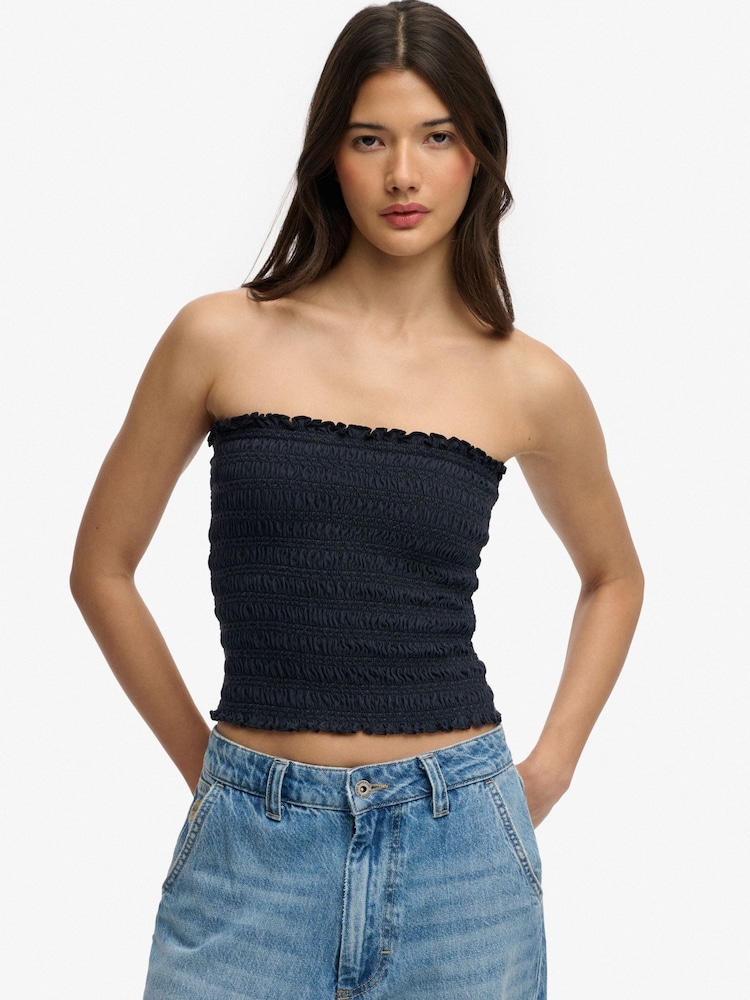 SUPERDRY Blue Smocked Jersey Bandeau Top - Image 1 of 7