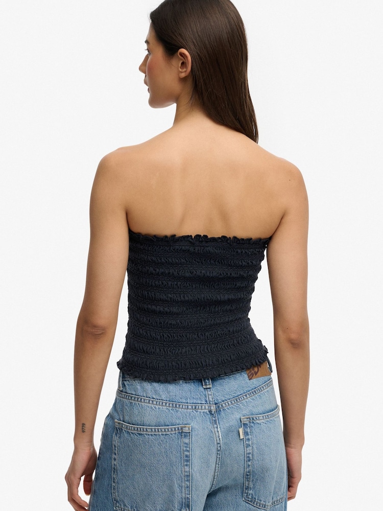 SUPERDRY Blue Smocked Jersey Bandeau Top - Image 2 of 7