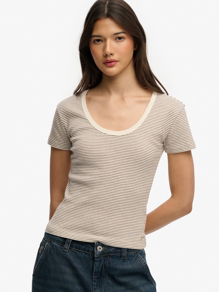 Superdry Brown Athletic Essentials Striped Short Sleeve Top - Image 1 of 5