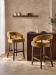 Relaxed Chenille Dark Ochre Yellow Dark Wood Leg Remi Bar Stool - Image 1 of 9