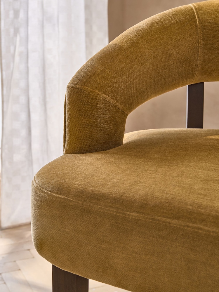 Relaxed Chenille Dark Ochre Yellow Dark Wood Leg Remi Bar Stool - Image 2 of 9 Relaxed Chenille Dark Ochre Yellow Dark Wood Leg Remi Bar Stool - Image 2 of 9