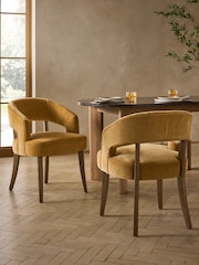 Set of 2 Relaxed Chenille Dark Ochre Yellow Dark Wood Leg Remi Dining Chairs - Image 1 of 7