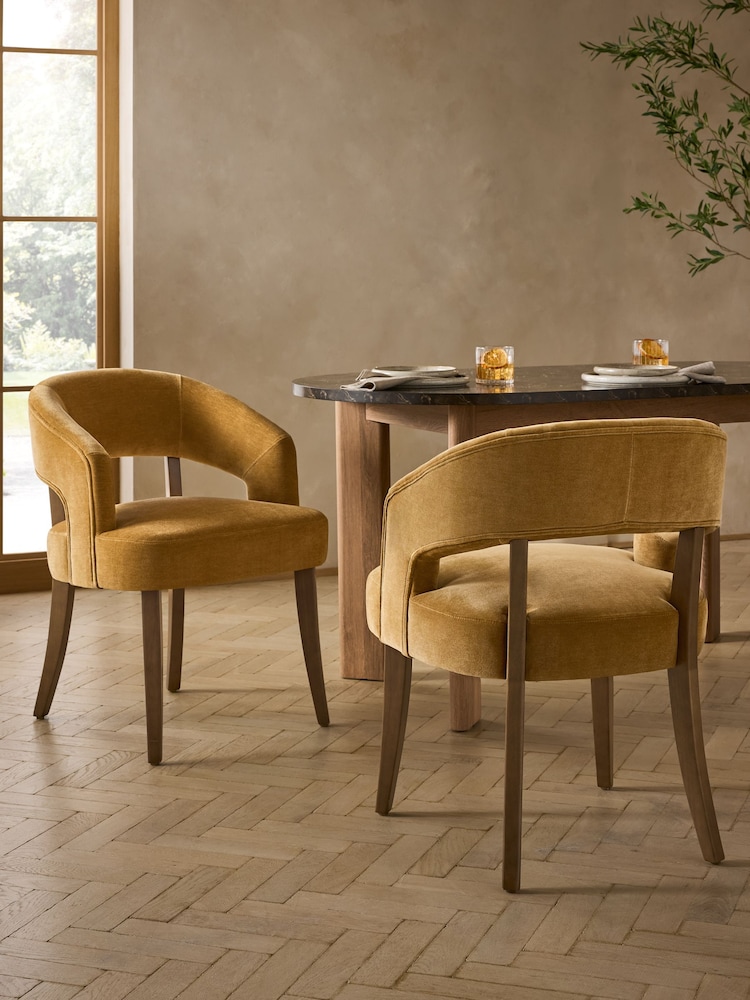 Set of 2 Relaxed Chenille Dark Ochre Yellow Dark Wood Leg Remi Dining Chairs - Image 1 of 7 Set of 2 Relaxed Chenille Dark Ochre Yellow Dark Wood Leg Remi Dining Chairs - Image 1 of 7