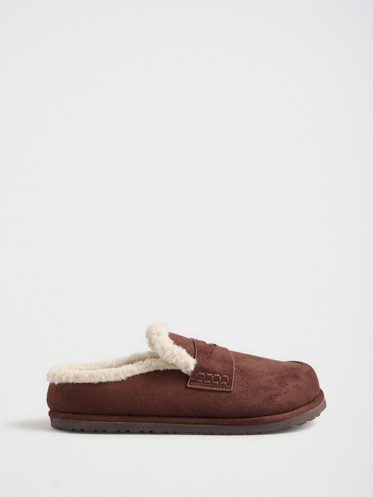 Friends Like These Chocolate Brown Faux Suede Borg Trim Slip On Casual Footbed Clogs - Image 1 of 4