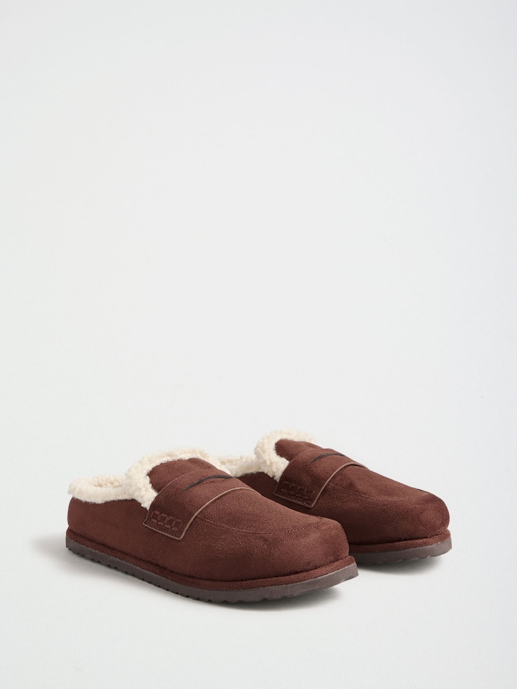 Friends Like These Chocolate Brown Faux Suede Borg Trim Slip On Casual Footbed Clogs - Image 2 of 4