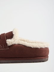 Friends Like These Chocolate Brown Faux Suede Borg Trim Slip On Casual Footbed Clogs - Image 4 of 4