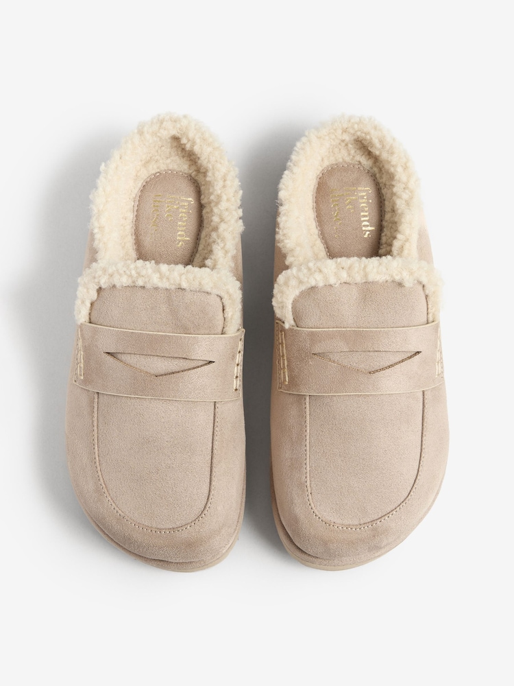 Friends Like These Taupe Faux Suede Borg Trim Slip On Casual Footbed Clogs - Image 1 of 4